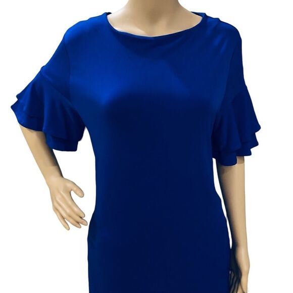 Chico’s Blue Ruffle Asymmetric  Pull On Stretching Dress Sz 0 (Reg Sz 4) - Picture 2 of 14